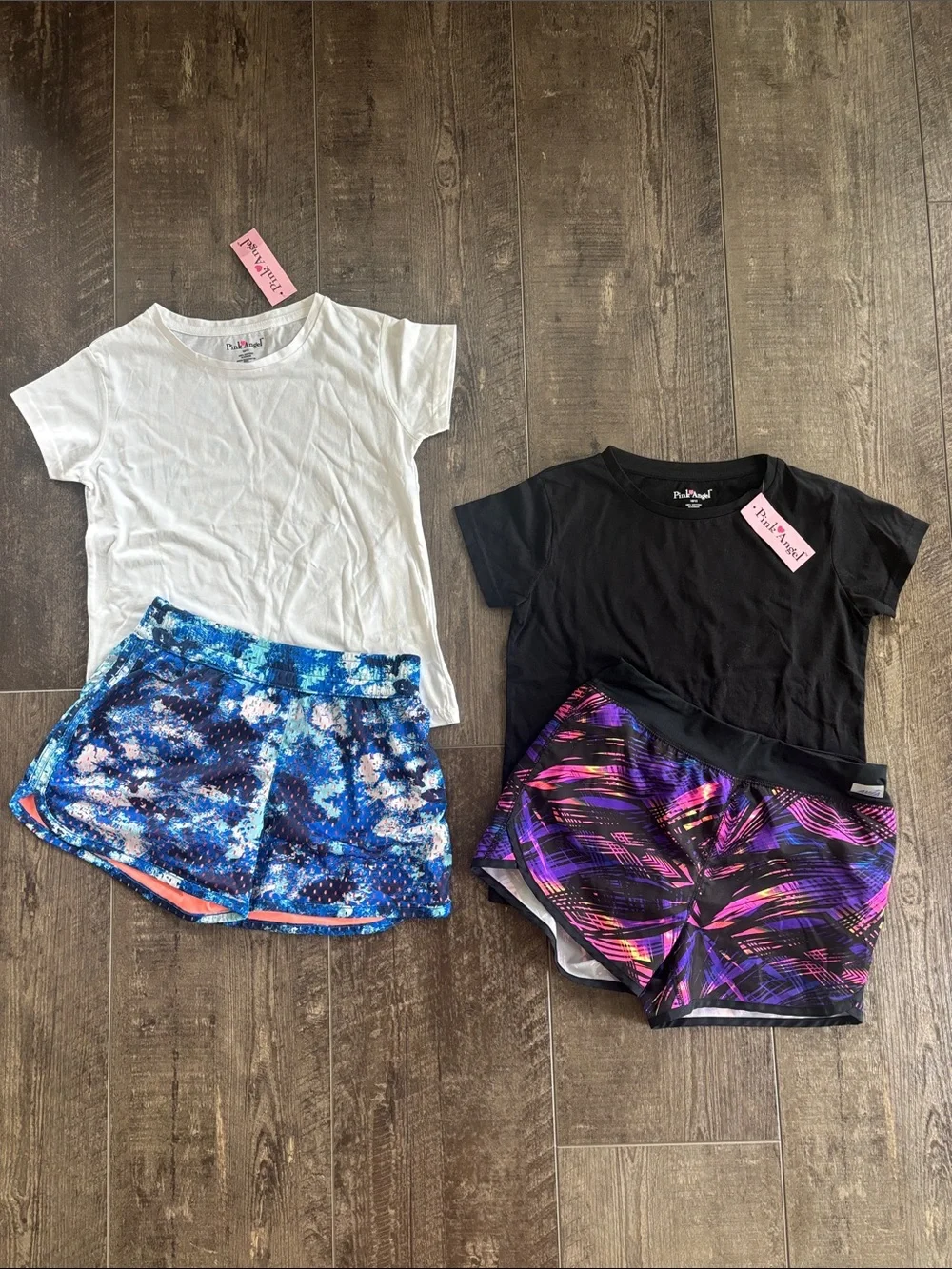 2 Short Sleeve Tees Black & White size 10/12 NWT +  2 pairs of shorts 10/12